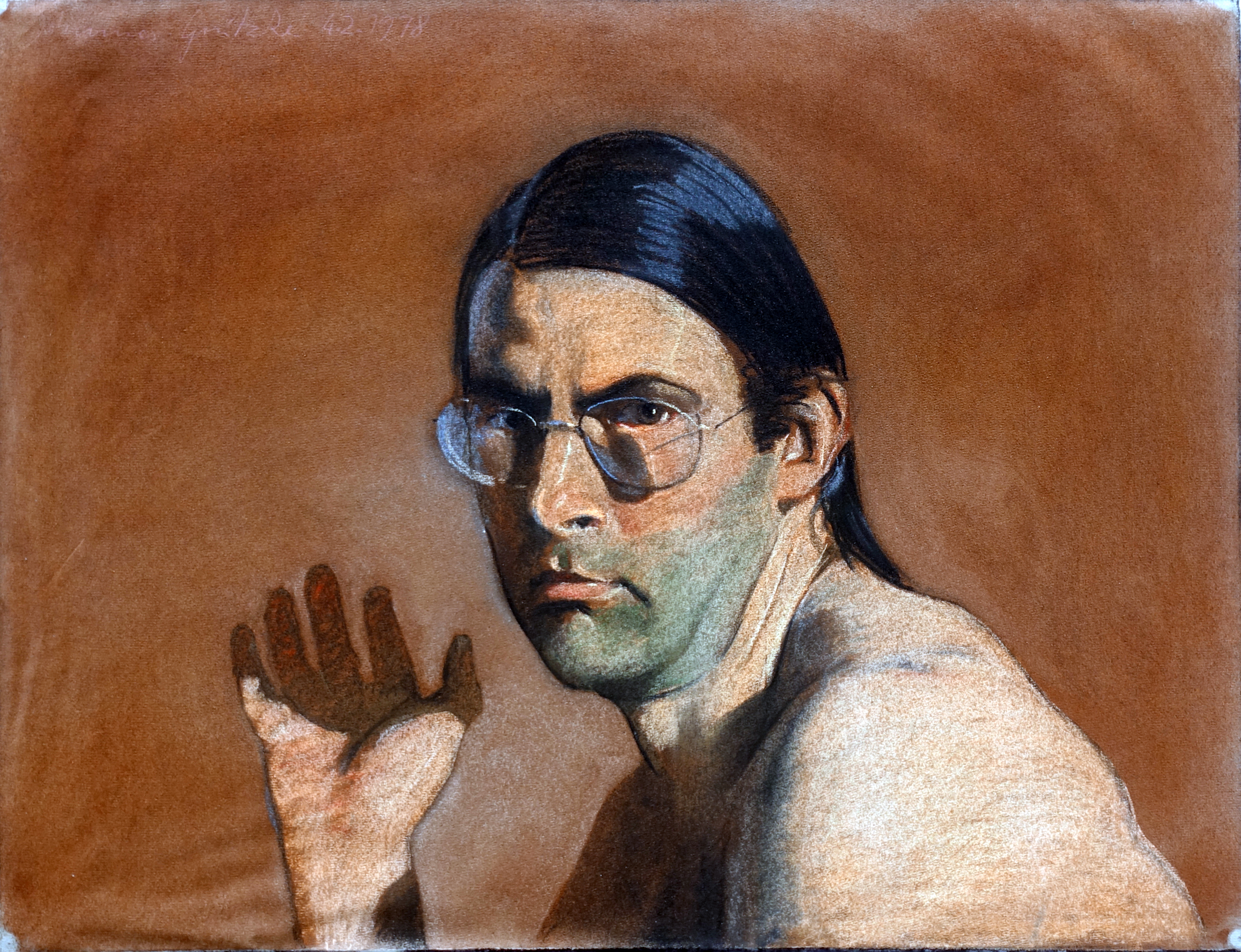 Mit zweifelnd erhobener Hand, (Selbstportrait, 04.02.1978) erstellt 1978