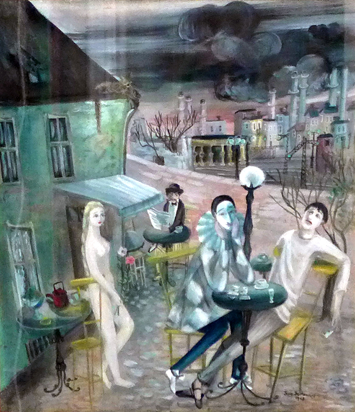 Straßencafé mit Pierrot und weiblichem Akt erstellt 1948