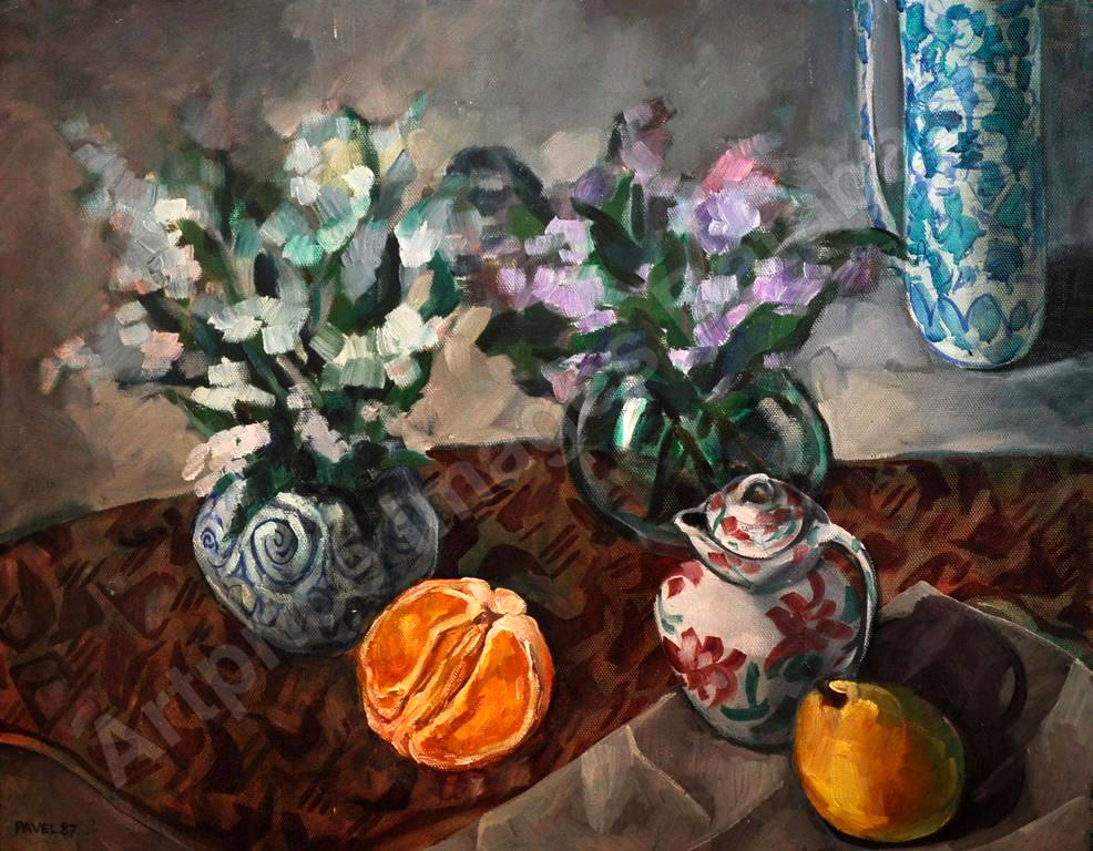 Stillleben mit zwei Blumenvase und Orangen erstellt 1987