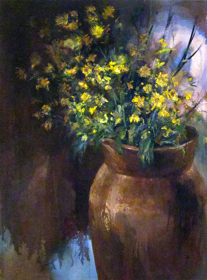 Braunbild - Braune Vase mit gelben Blumen erstellt 1994