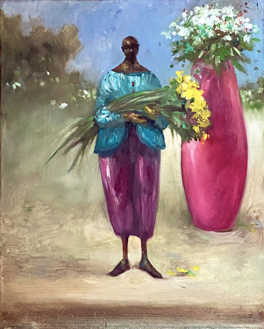 Blumenträger vor pinker Vase (im Hintergrund) erstellt 2014